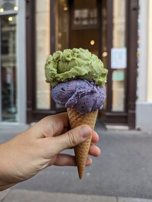 Lavender berry on the bottom, matcha on top at Veganista Ice Cream VI in Vienna