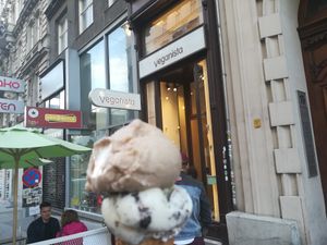 Cinnamon oat and cookie combo in front of the store at Veganista Ice Cream VI in Vienna