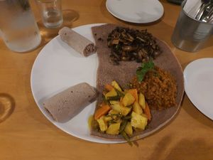 Injera with lentil, mushroom, and vegs at Alem's house in Camperdown
