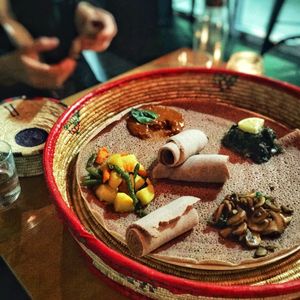 Delicious Ethiopian curries served on injera at Alem's house in Camperdown