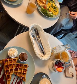 vegan waffles and tofu scramble   at Cakester Cafe in Krakow