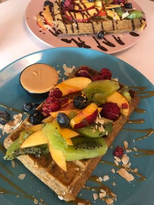 waffles with fruit, peanut butter and caramel sauce  at Cakester Cafe in Krakow