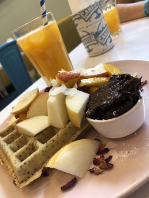 Waffle with fresh fruit and plumjam! at Cakester Cafe in Krakow