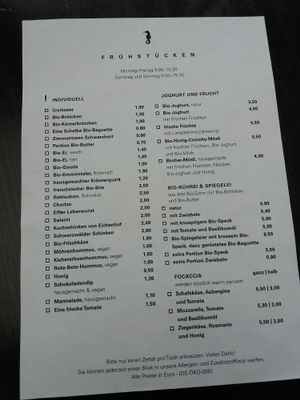 Breakfast menu at Cafe Sehnsucht in Cologne