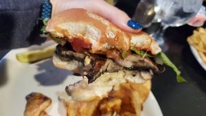 Close-up of portobello mushroom burger at The Market House in Galena