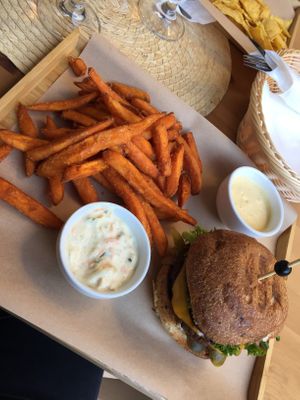 burger with sweet potato fries at VegGo Bistro in Zilina