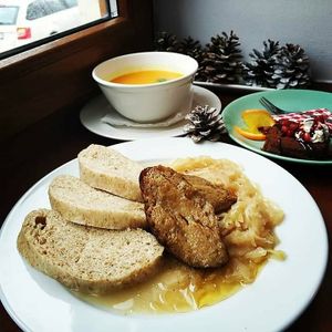 Seitan with cabbage at VegGo Bistro in Zilina