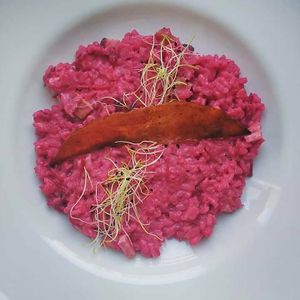 Beetroot rice with vegan bacon at VegGo Bistro in Zilina