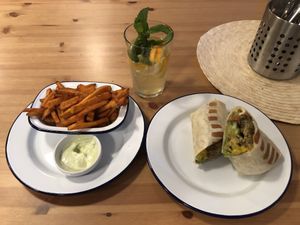 Mango wrap and sweet potato fries 🍟 with lemonade  at VegGo Bistro in Zilina
