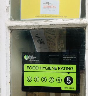 The Food Hygiene Rating is 5.  at Redwing Gallery in Penzance