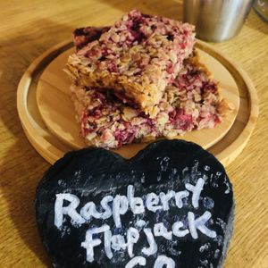 Vegan raspberry flapjack.  at Redwing Gallery in Penzance