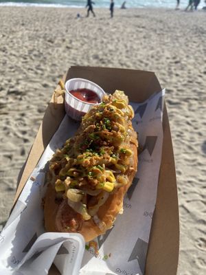 Vegan hotdog!   at Gylly Beach Cafe in Falmouth
