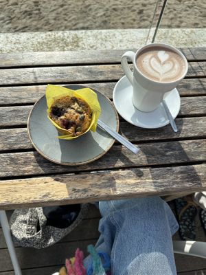 Vegan hot chocolate and muffin!  at Gylly Beach Cafe in Falmouth