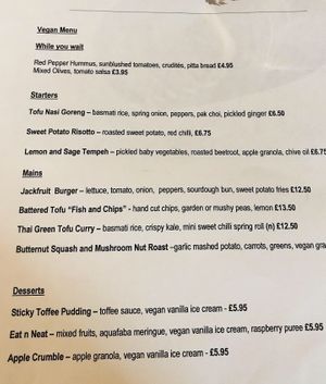 Vegan menu at The Bells of Peover in Lower Peover