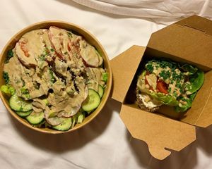 Chef salad & Avocado ‚egg‘ Sandwich - sooo good!! The 'egg’ sandwich is next level!  at Rohkosteria in Frankfurt