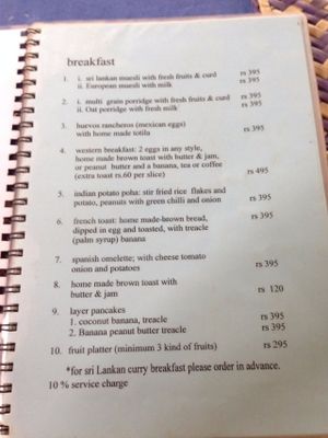 Jina's menu at Jina's in Unawatuna