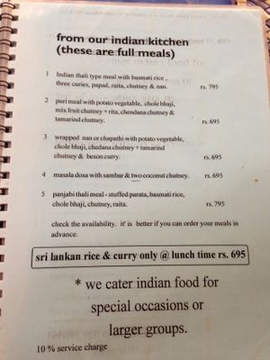 Jina's menu at Jina's in Unawatuna