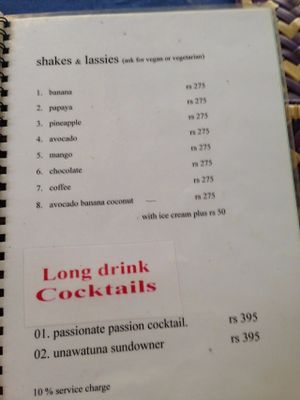 Jina's menu at Jina's in Unawatuna