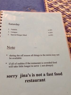 Jina's menu at Jina's in Unawatuna