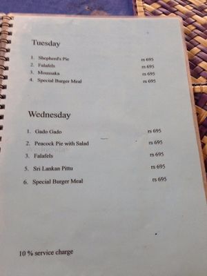 Jina's menu at Jina's in Unawatuna