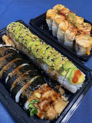 (Bottom to top) Spider Roll, Caterpillar Roll, Yoga Fire at Kensho in Westminster