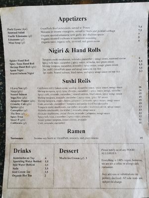 Menu as of 05/2022 at Kensho in Westminster