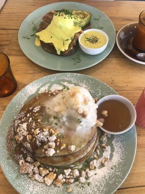 Bus off pancakes, ‘egg’ Benedict with bacon, avo and hollandaise   at Crux in Semaphore
