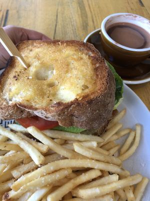 Oat hot chocolate and BLT with fries at Crux in Semaphore