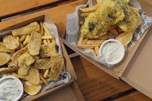 FISH & CHIPS AND SALT & PEP SQUID at Crux in Semaphore