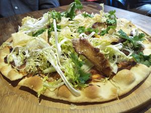 Peking duck pizza at POP vegan in Hong Kong Island