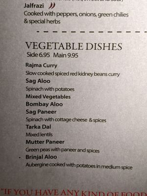 Vegetable dishes (couldn't see anything marked vegan) at Everest Inn in Ashford