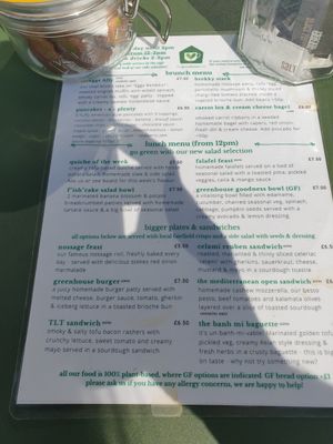 Menu at The Greenhouse Cafe in Felixstowe