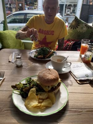 The Greenhouse burger with crisps and salad at The Greenhouse Cafe in Felixstowe