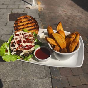 Electric Special Burger with homemade organic vegan mayo & ketchup  at The Electric Vegan in Dublin
