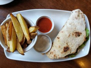 Wild rice tortilla, hand-cut chips, ketchup and mayo homemade at The Electric Vegan in Dublin
