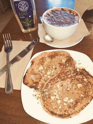 Spelt Pancakes & Hot Chocolate made from homemade Hemp Milk  at The Electric Vegan in Dublin