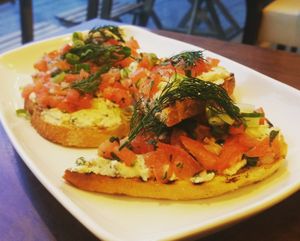Brazil nut cream cheese spread with mild Pico De Gallo with fresh dill served on grilled spelt bread  at The Electric Vegan in Dublin
