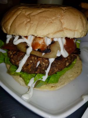 Electric Special burger made with oyster mushroom served on grilled spelt bun  at The Electric Vegan in Dublin