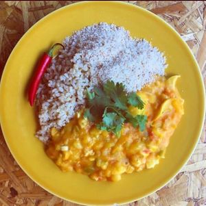 Bobó with brown rice and farofa at Veg To Go in Sao Paulo