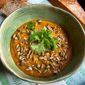 puree pumpkin soup at Veg To Go in Sao Paulo