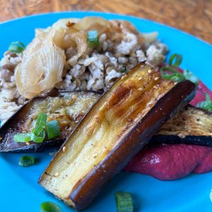 dish of the day in an arabic version: mjadra, eggplant with zattar, beet hommus at Veg To Go in Sao Paulo