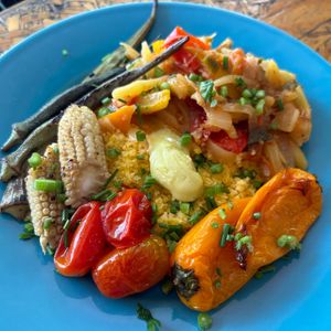 organic cuscuz with mini vegetables and cashew nut butter. at Veg To Go in Sao Paulo