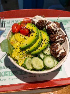 cumbuca veg: falafel with organic salad and avocado at Veg To Go in Sao Paulo