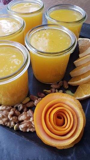 Balooza, a fresh Syrian dessert, made solely from oranges and orange-juice.  at Syrisch Eethuis Moushmoush in Arnhem