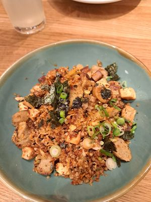 Tofu and sausage dish at Wrenkh Restaurant in Vienna