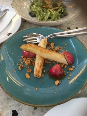 White asparagus with radish at Wrenkh Restaurant in Vienna