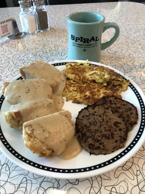 Biscuits and gravy with sausage and tofu eggs at Spiral Diner & Bakery in Dallas