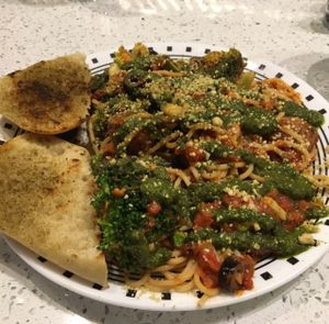 pasta puttanesca with meatballs at Spiral Diner & Bakery in Dallas
