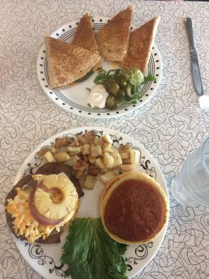 burger and quesadillas  at Spiral Diner & Bakery in Dallas