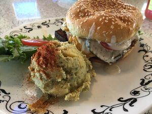 Bacun cheeseburger with ranch!  Added avocado. Side of potato salad.  at Spiral Diner & Bakery in Dallas